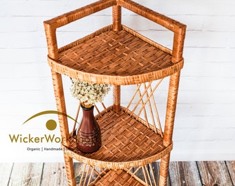 ラタン製本棚、籐製自立式本棚、手作りラタン棚本棚、ボヘミアン