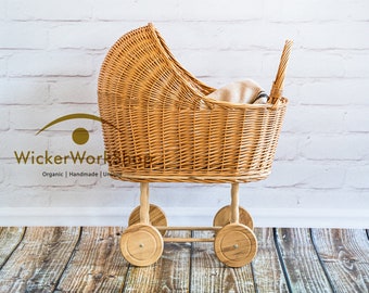 Spielzeug-Puppenwagen, Weiden-Puppenwagen, Kinderwagen mit Puppenbettwäsche, Puppenwagen, Baby-Mädchen-Geschenk, Kinderwagen, Rattan-Puppenwagen