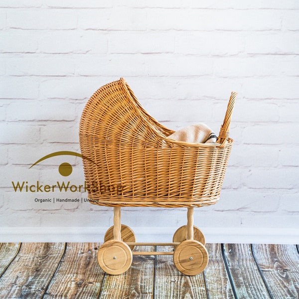 Spielzeug-Puppenwagen, Weiden-Puppenwagen, Kinderwagen mit Puppenbettwäsche, Puppenwagen, Baby-Mädchen-Geschenk, Kinderwagen, Rattan-Puppenwagen