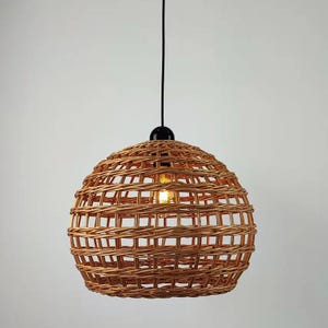 Rattan Lamp Woven Chandelier, Round Style w Semi-Transparent Weave, Pendant Lamp Boho Chandelier Decor, Wicker Pendant Light Basket Lighting