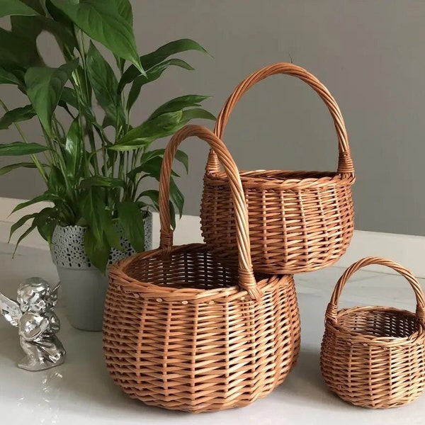 Panier de fille de fleur, panier de Pâques, panier de Pâques en osier, panier rond en osier avec poignée, petit panier en osier, ensemble de trois paniers en osier