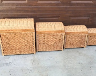Cesto portaoggetti con coperchio, cesto quadrato in vimini, set da 4, legno intrecciato rettangolare, cesto in rattan per riporre oggetti, baule portaoggetti in vimini, scatola intrecciata