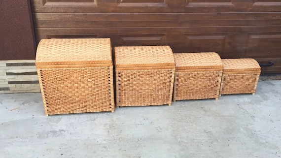 Aufbewahrungskorb mit Deckel, quadratischer Weidenkorb, 4er-Set, rechteckiges gewebtes Holz, Rattankorb für die Aufbewahrung, Weidenaufbewahrung, gewebte Box
