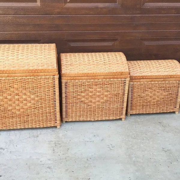Storage Basket With Lid, Square Wicker Basket, Set Of 4, Rectangle Woven Wood, Rattan Basket For Storage, Wicker Storage Chest, Woven Box
