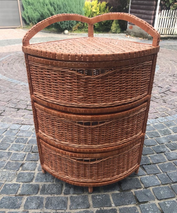 Corner 2 tier Wicker Drawer Wood Small Chest of Drawers Rattan