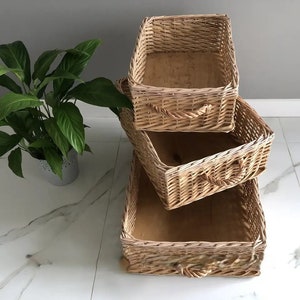 Woven Storage Basket, Rectangular Basket, Set of 3 Wicker Basket, Wicker Basket Storage, Basket with Handles, Woven Rattan Tray Basket