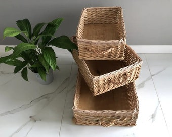 Woven Storage Basket, Rectangular Basket, Set of 3 Wicker Basket, Wicker Basket Storage, Basket with Handles, Woven Rattan Tray Basket