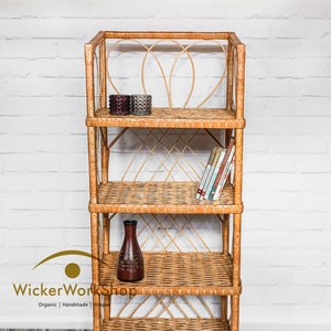 Rattan Bookshelf, Wicker Free Standing Bookshelf, Handmade Rattan Shelf Bookcase, Shelving Unit in Boho Style, Tall Etagere Bookcase Storage