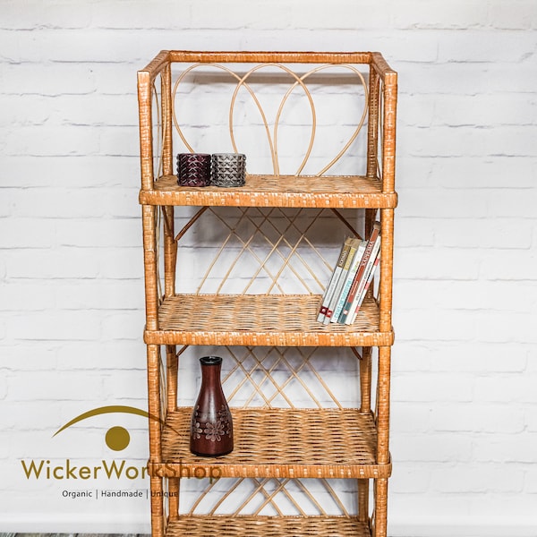 Estantería de ratán, estantería independiente de mimbre, estantería de ratán hecha a mano, estantería de estilo bohemio, estantería alta de almacenamiento