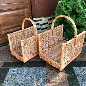 Wood strip fireplace basket, Large wicker basket, Farmhouse decor, Wicker firewood basket, Rectangular basket, Log holder