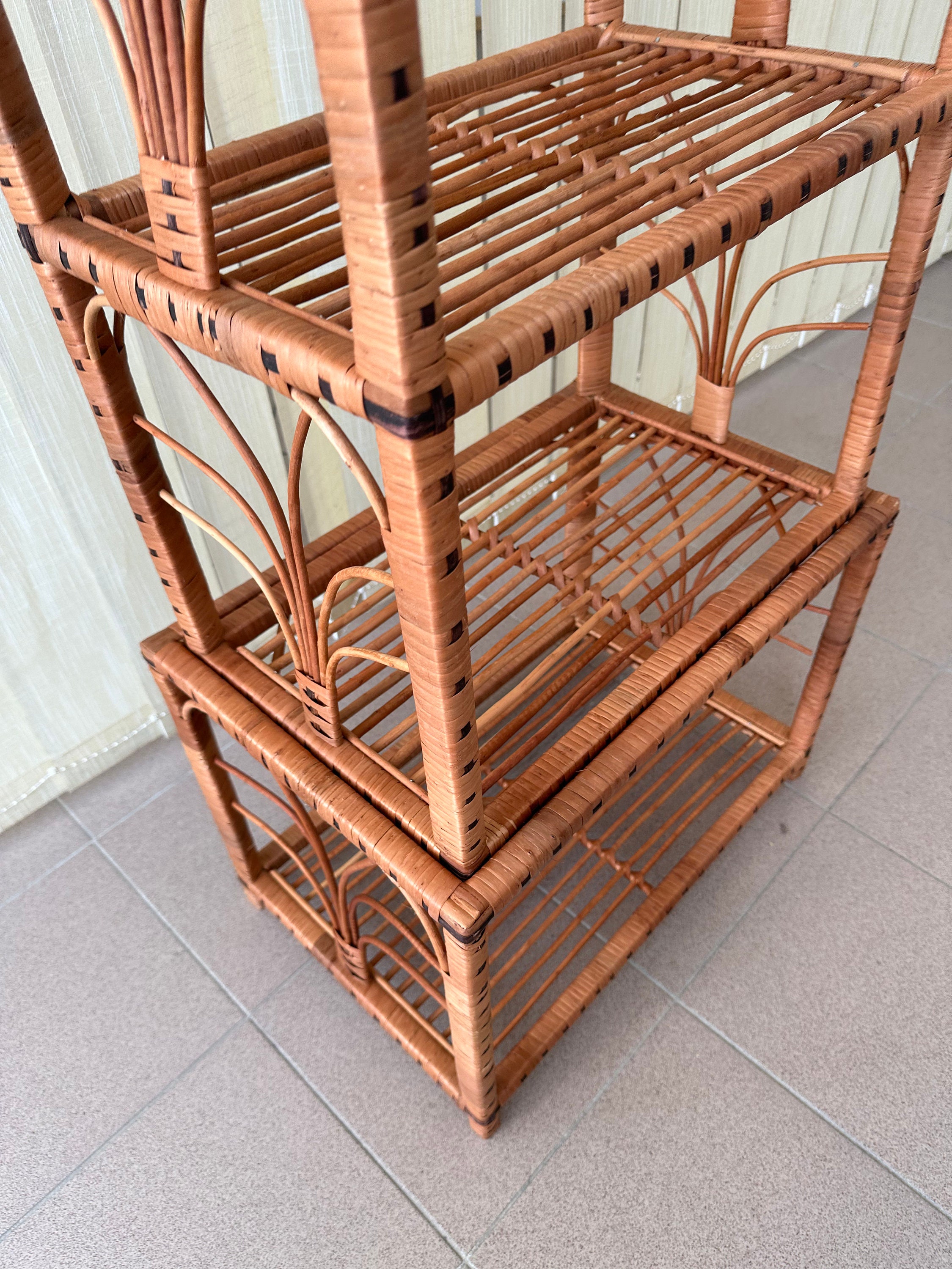 Tall Rattan Freestanding Shelf, 56/69 Inches Wicker Shelf, Vintage