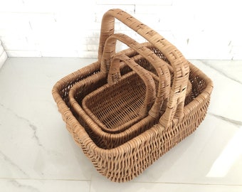 Wicker Shopping Basket, Wicker Market Basket in 3 sizes, Grocery Basket with Handle, Hand Woven White & Natural Basket, Rattan Picnic Basket