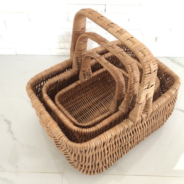 Wicker Shopping Basket, Wicker Market Basket in 3 sizes, Grocery Basket with Handle, Hand Woven White & Natural Basket, Rattan Picnic Basket