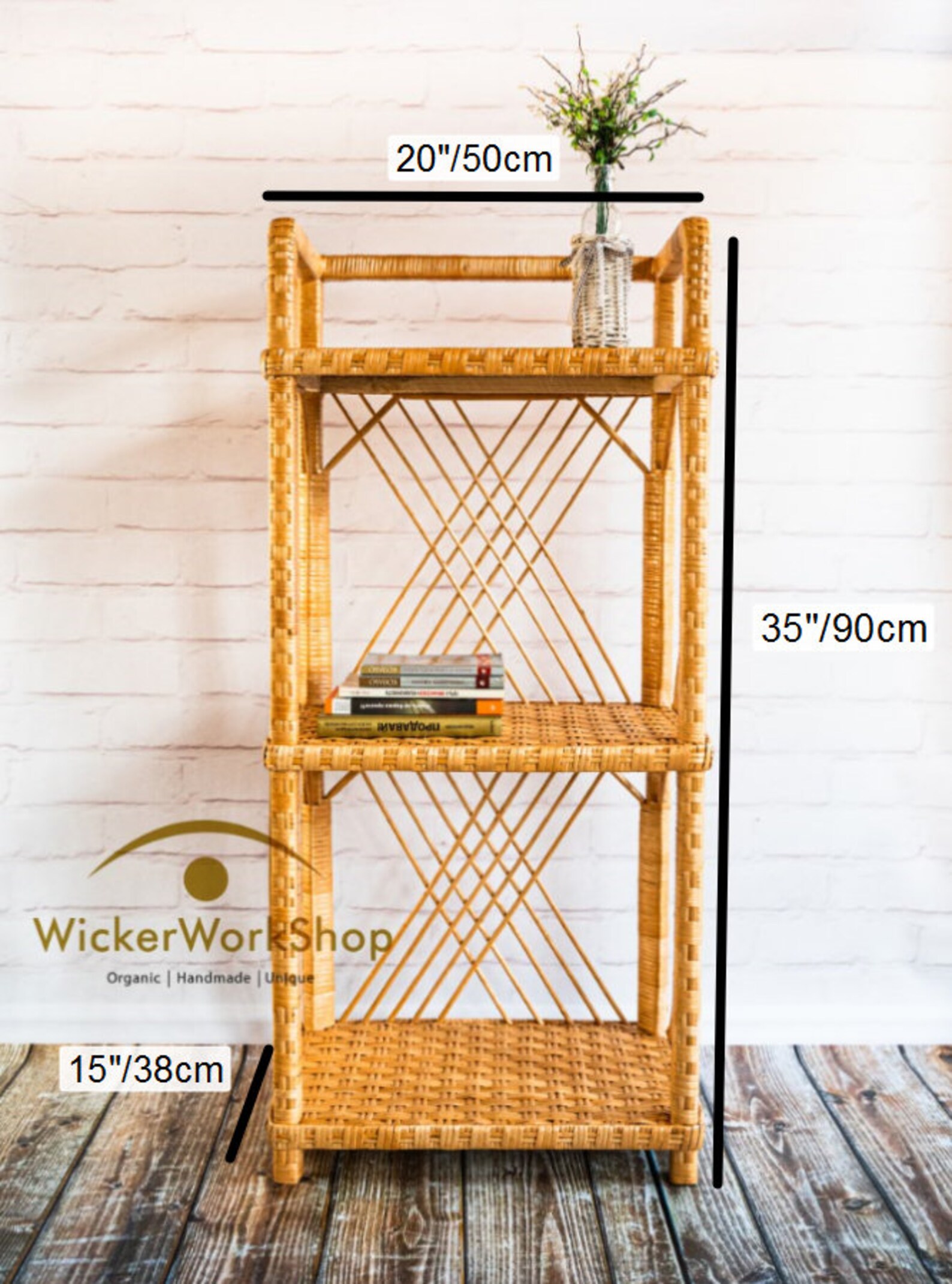 3tier Rattan Plant Stand 35 Wicker Shelving Unit Etsy