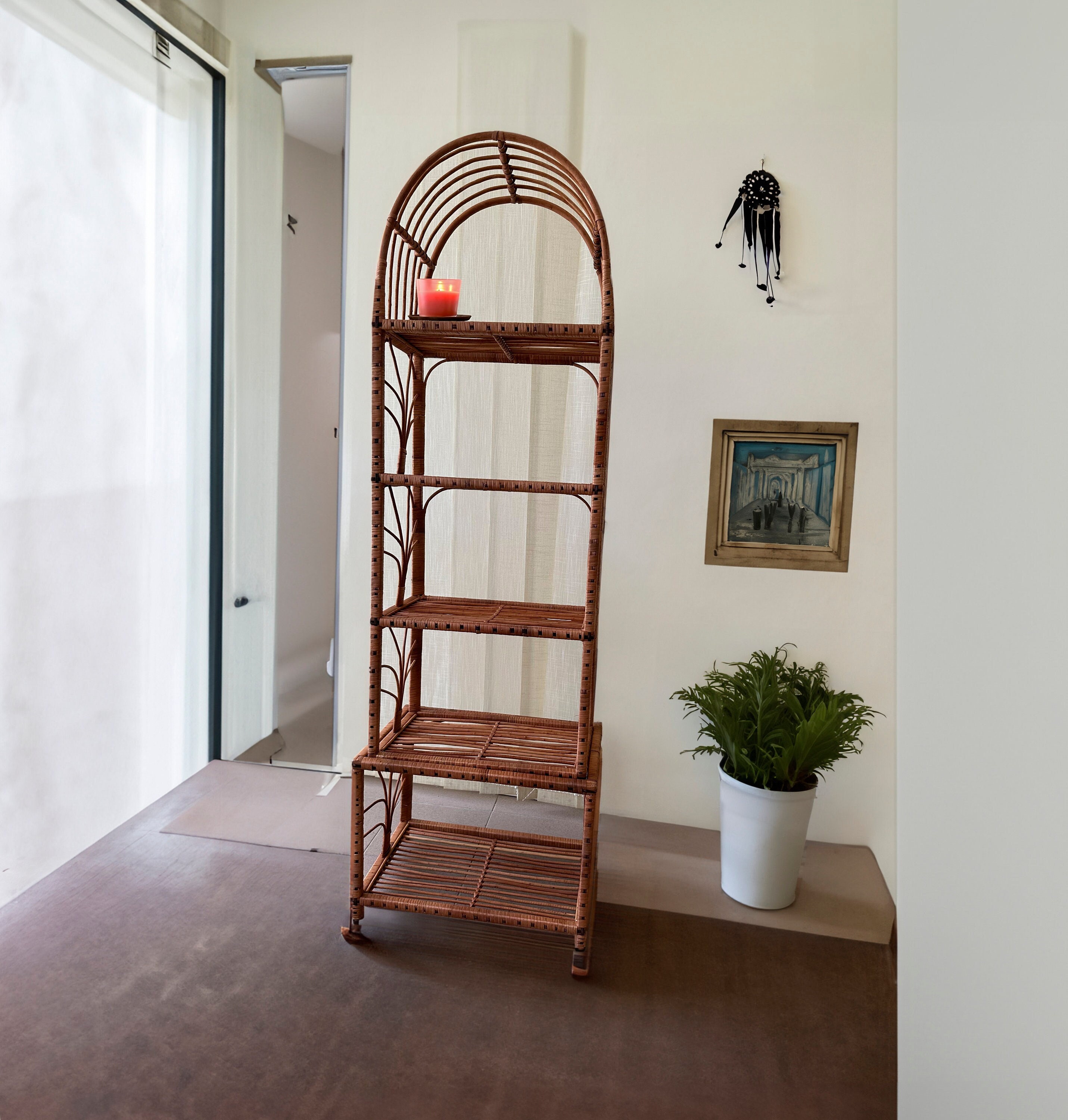 Tall Rattan Freestanding Shelf, 56/69 Inches Wicker Shelf, Vintage
