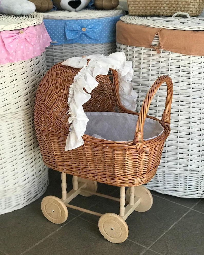 Toy Doll Stroller Wicker Doll Pram Baby Stroller with Doll Etsy