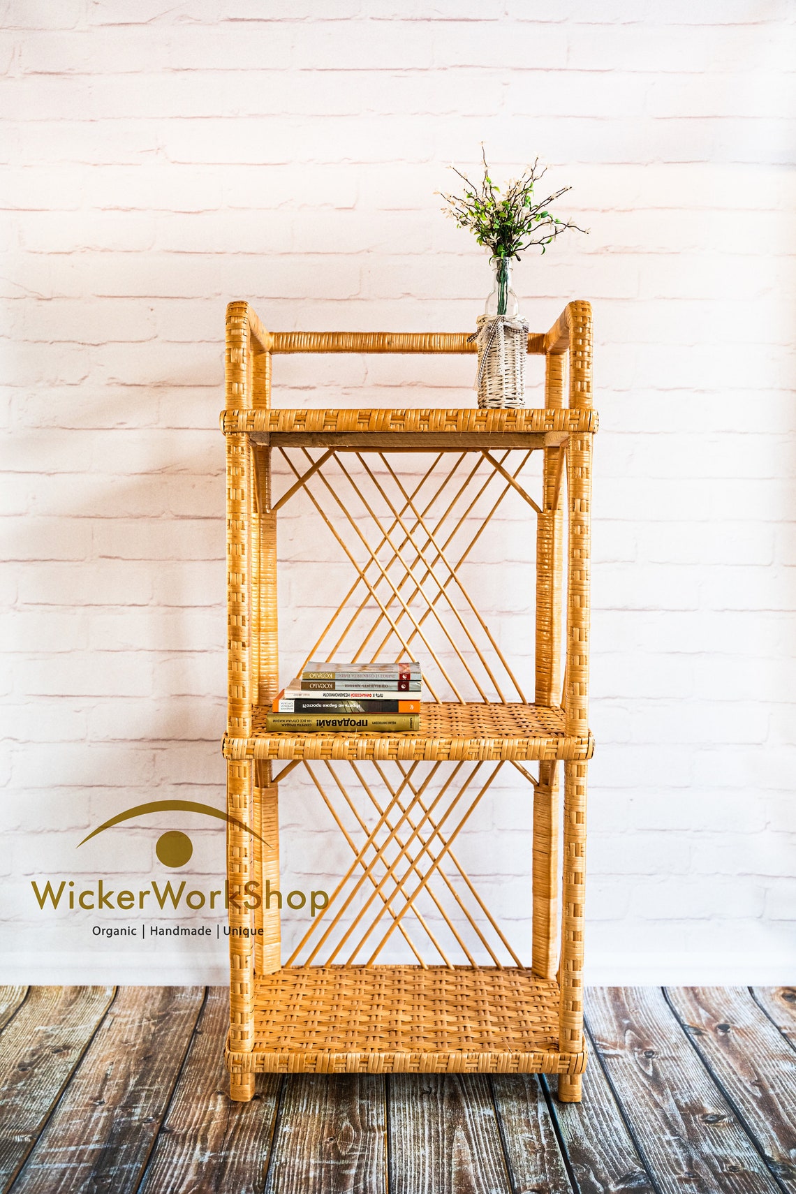 3tier Rattan Plant Stand 35 Wicker Shelving Unit Etsy