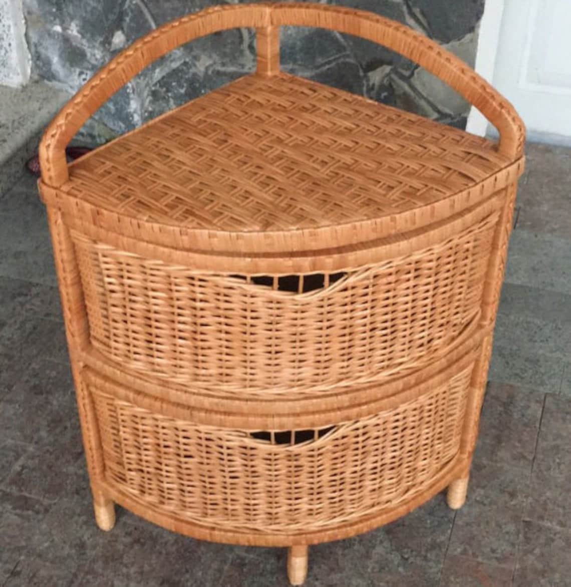 Corner 2tier Wicker Drawer Wood Small Chest of Drawers Etsy