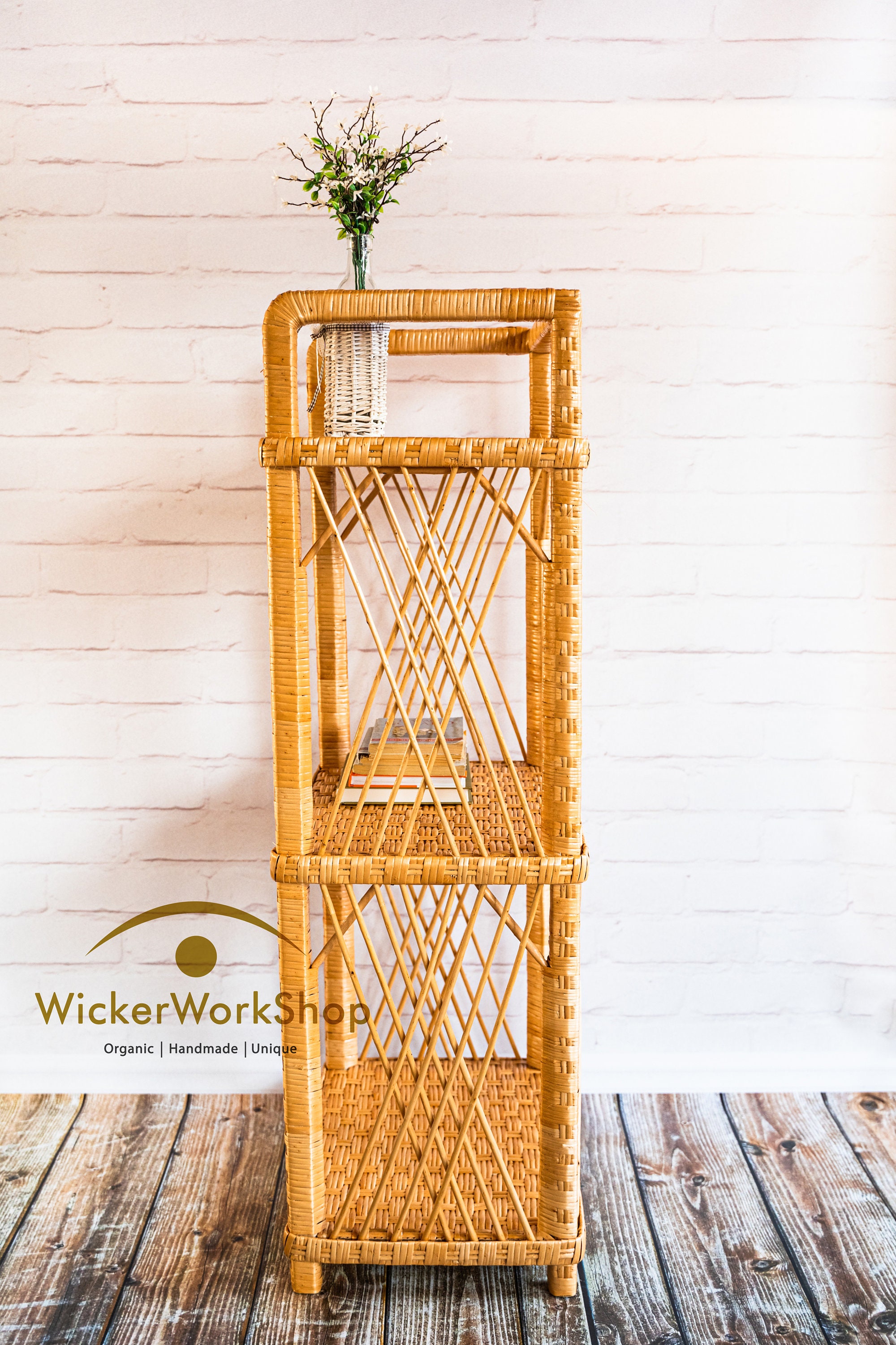 3tier Rattan Plant Stand 35 Wicker Shelving Unit Etsy