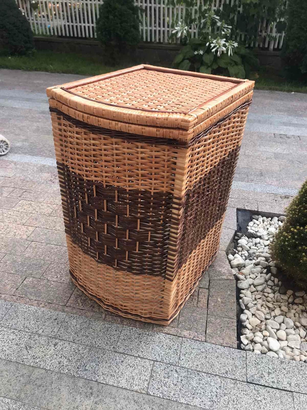 Wicker Laundry Hamper With Lid, Boho Laundry Basket, Dark Light and