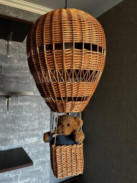 Hot Air Balloon for Nursery, Wicker Lampshade in Hot Air Balloon Shape, Baby Shower Gift, Handmade Rattan Pendant, Wicker Hanging Lamp