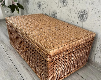 vintage ラタン　大型収納 籐　トランク　蓋付き収納　子供部屋　おもちゃ箱 楽天市場】フタ付き かご 収納 バスケット 内布ライトグレー L