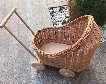Wicker Baby Walker Push Pull Baby Doll Pram, Wicker Stroller Wooden Pull  Toy, Eco-Friendly Doll Pram for 2-3 Year Old, 1st Birthday Gift
