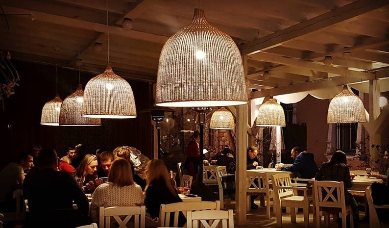 Wicker Ceiling Light Shade Round-Shaped for Indoor and Outdoor Usage, Hanging Cone Wicker Pendant Light