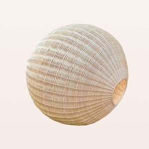 May include: A large, round, woven wicker pendant light fixture with a natural beige color.