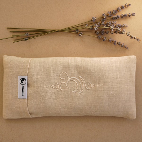 Embroidered Linen Eye Pillow Cover, Weighted Lining Lavender Buds and Flax Seeds for Deep Relaxation