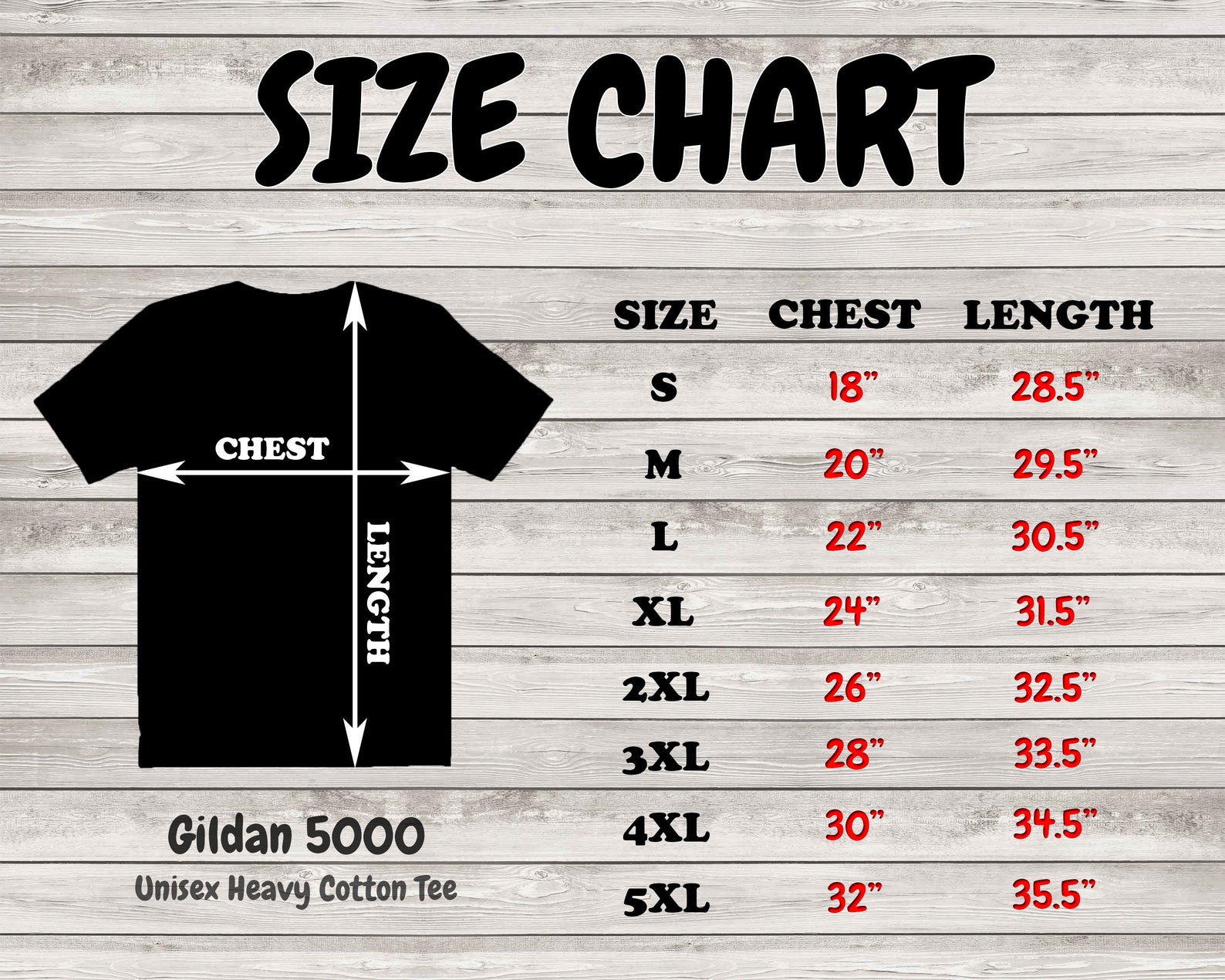 Gildan 5000 Size Chart & Care Instruction Unisex Heavy Cotton | Etsy