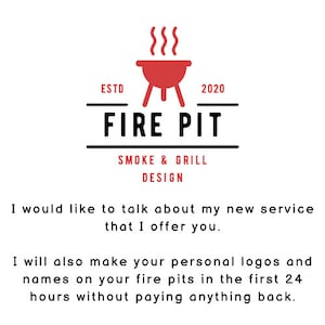 May include: A red and black logo for a business called "Fire Pit" that specializes in smoke and grill design. The logo features a stylized image of a fire pit with smoke rising from it. The text "ESTD 2020" is included in the logo.