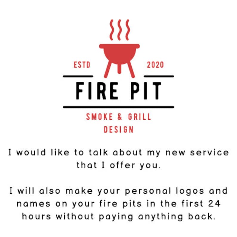 May include: A red and black logo for a business called "Fire Pit" that specializes in smoke and grill design. The logo features a stylized image of a fire pit with smoke rising from it. The text "ESTD 2020" is included in the logo.