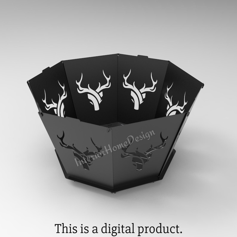 May include: Black metal fire pit with a hexagonal shape and cutouts of deer heads. The fire pit is designed for outdoor use.