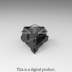 May include: A black metal fire pit with a circular grill and a triangular base. The fire pit is designed to be portable and easy to assemble. The text "InteriorHomeDesign" is printed on the side of the fire pit.