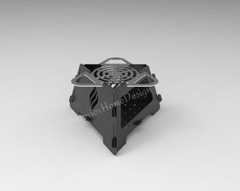 Driehoek campinggrill DXF-bestand, draagbare houtkachel voor buiten koken, lasergesneden metalen vuurplaats, opvouwbare CNC kampvuur BBQ-vectorplan