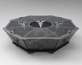 May include: Octagonal fire pit with a black metal finish and a decorative deer head design. The fire pit has a grate and a central opening for a fire.
