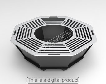 May include: Octagonal fire pit with a black metal base and a silver metal grate. The grate has a circular opening in the center.