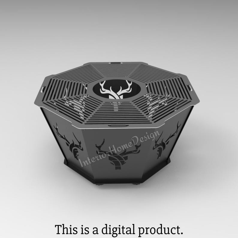 May include: A black metal fire pit with a hexagonal shape and a deer head design. The fire pit has a grate on top and a circular opening in the center.