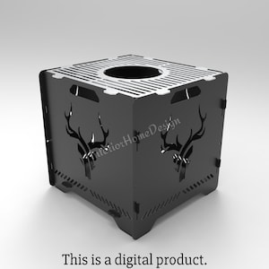 May include: Black metal fire pit with a square design and a deer head cutout on each side. The fire pit has a grate on top and a round opening in the centre.