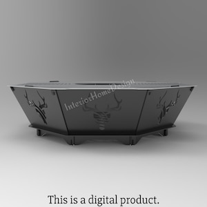 Puede incluir: Hoguera de metal negro con forma hexagonal y dise&ntilde;os de cabeza de ciervo recortados. La hoguera tiene un borde elevado y un fondo plano.