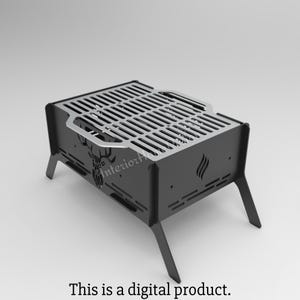 May include: Black metal fire pit grill with a deer head design and a flame logo. The grill has a rectangular shape and four legs.