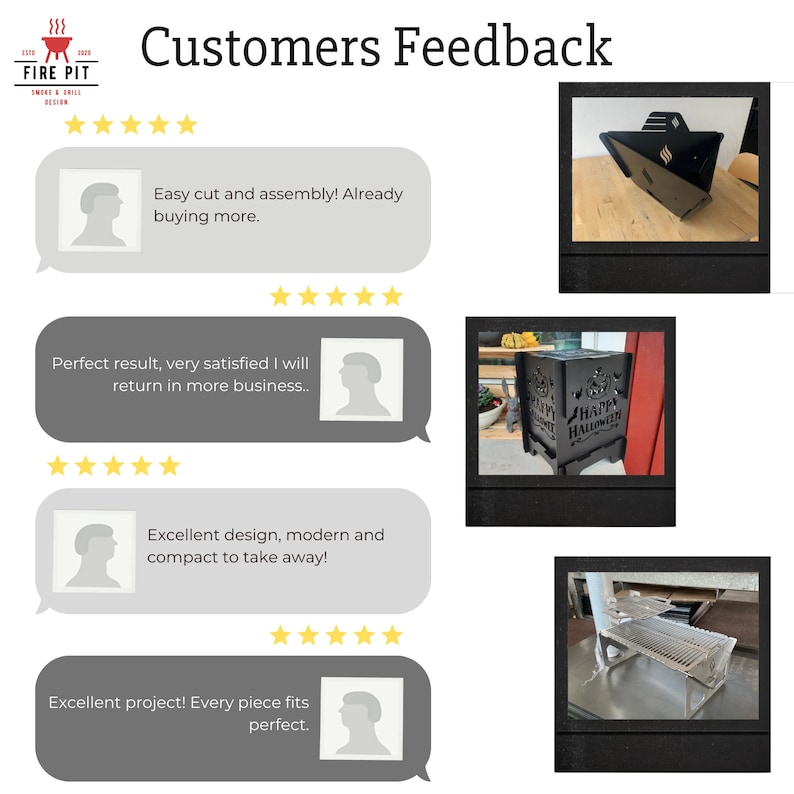 Puede incluir: Comentarios de clientes para un kit de fogata de metal. Las rese&ntilde;as son positivas e incluyen im&aacute;genes del producto terminado. Las rese&ntilde;as mencionan un montaje f&aacute;cil, un excelente dise&ntilde;o y un tama&ntilde;o compacto. Las im&aacute;genes muestran una fogata con un dise&ntilde;o de Halloween, una fogata con una rejilla para asar y una fogata con un soporte.