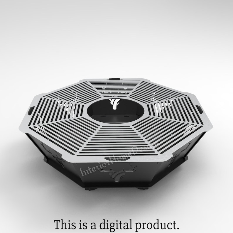 Puede incluir: Un hogar octogonal de metal negro con una rejilla y una abertura circular en el centro. El hogar est&aacute; dise&ntilde;ado para ser utilizado al aire libre.