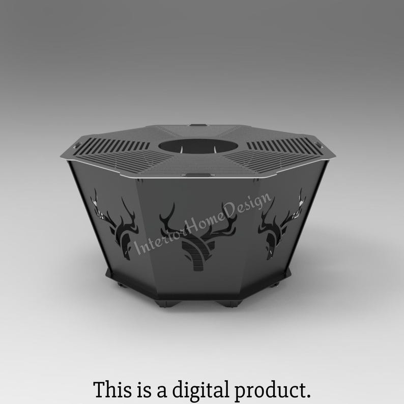 May include: Black metal fire pit with a hexagonal shape and a grill grate. The fire pit has three deer head cutouts on the sides. The text "Interior Home Design" is visible on the side of the fire pit.