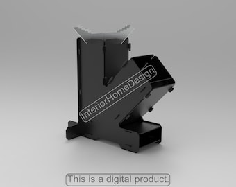 May include: Black metal dice tower with a removable tray and a compartment for dice. The tower is designed to be assembled and disassembled for easy storage. The text "InteriorHomeDesign" is printed on the side of the tower.