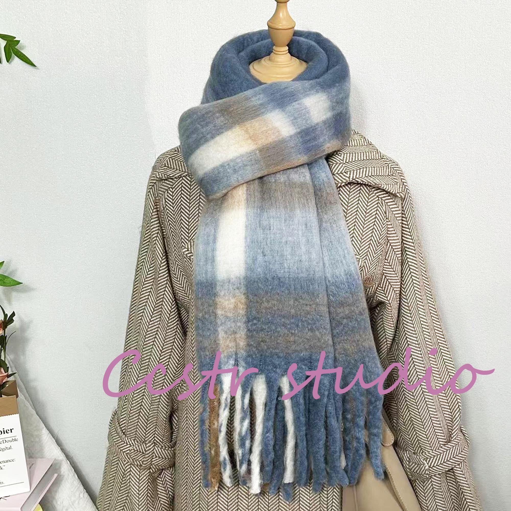 Blue Plaid Mohair Scarf: Soft Winter Shawl, Elegant Check Wrap - Etsy
