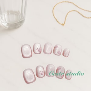 Pink Cat Eye Press On Nails | Cute Paw Design Short Square Nails | Pearl Shimmer False Nails for Everyday Wear