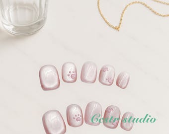 Pink Cat Eye Press On Nails | Handmade Short Square False Nails