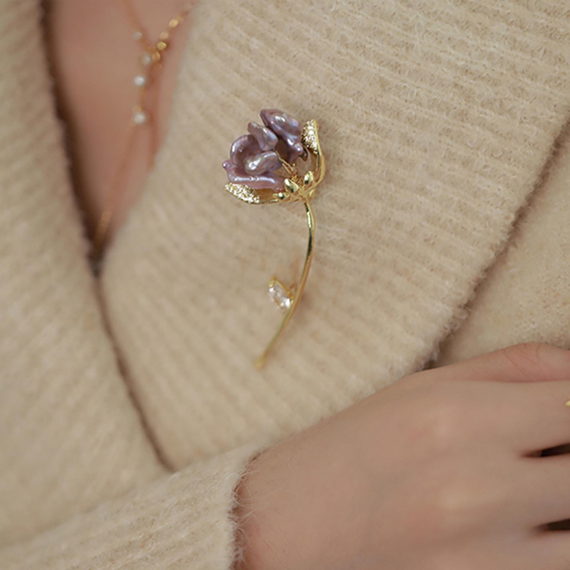 Tulip Baroque Pearl Brooch: Purple Corsage Pin With Zirconia - Etsy